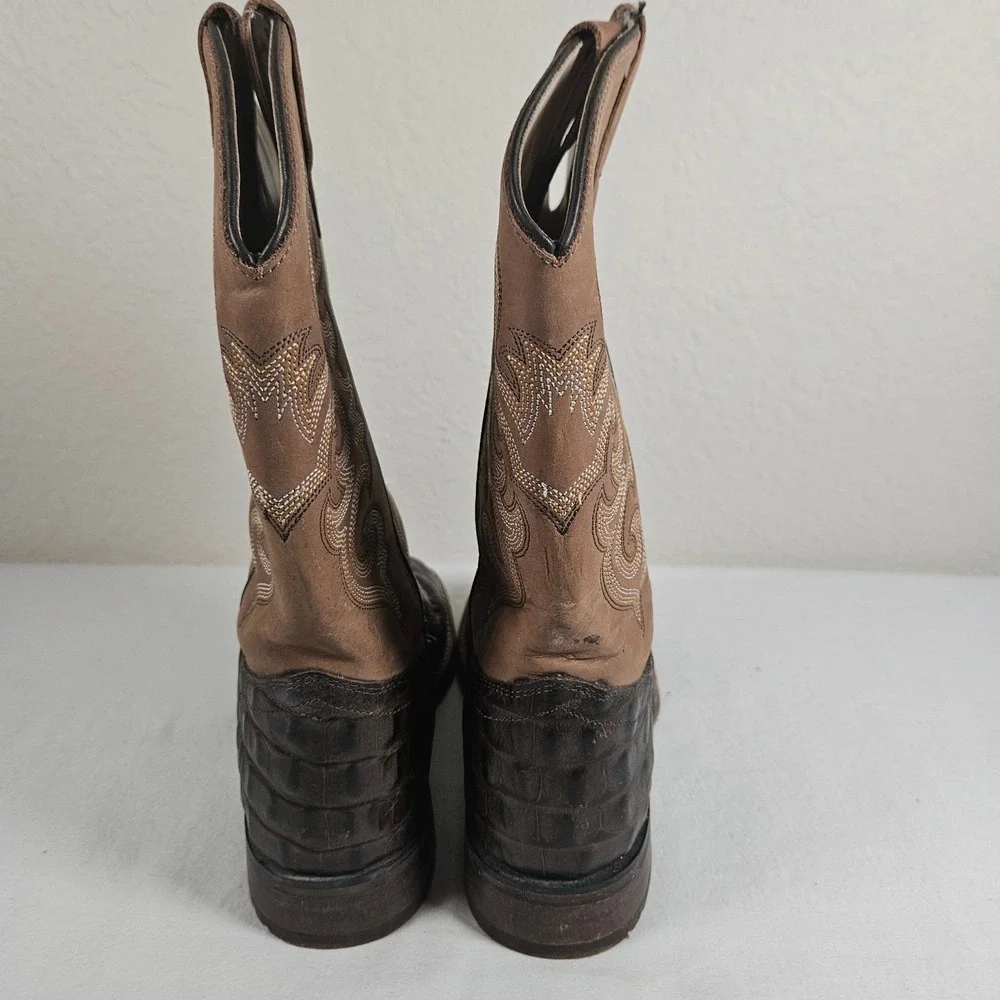 Old West BSY1832 Youth Cowboy Boots Brown Caiman Print Leather Square Toe SZ 4D
